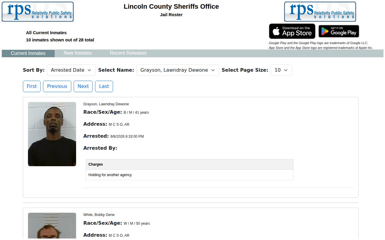 Lincoln County current inmate arrest roster interface