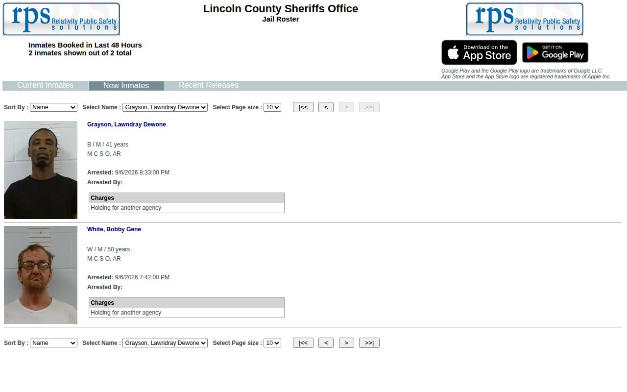 Lincoln County New Inmates official 48-hour booking interface