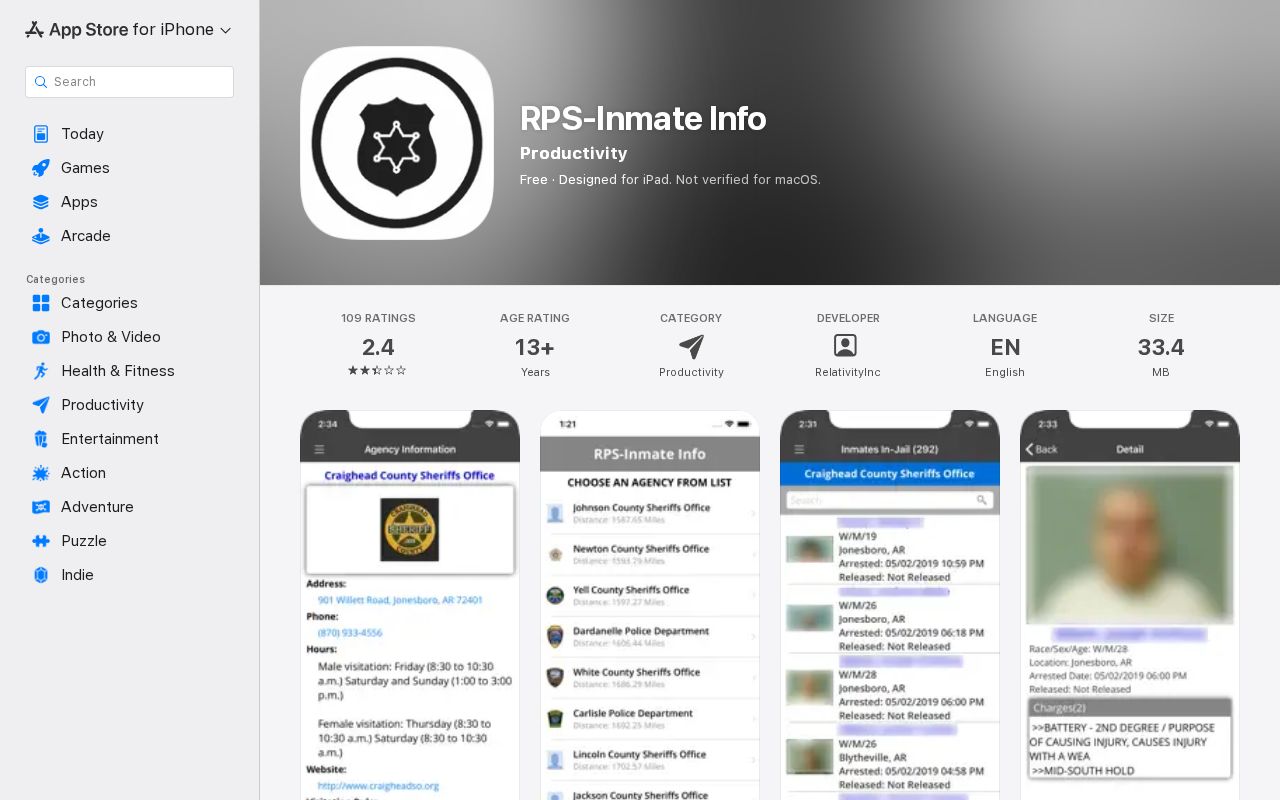 RPS Inmate Info Apple App Store listing linked by the Lincoln County roster
