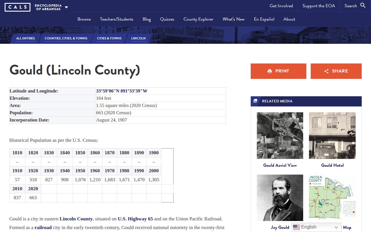 Encyclopedia of Arkansas page identifying Gould in Lincoln County