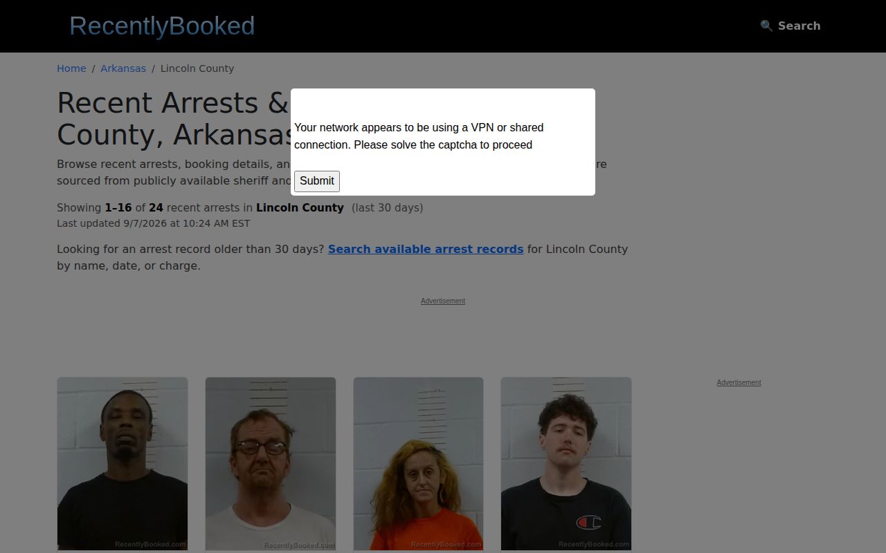 Unofficial Lincoln County recent arrest listing interface